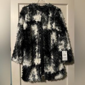 ZARA NWT HOUNDSTOOTH FAUX FUR JACKET TWO-TONE TEXTURED